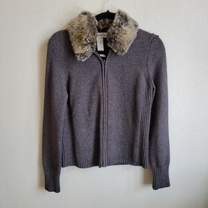 Jones New York Brown/Gray Full Zip Cardigan Jacket with Faux Fur Collar Small